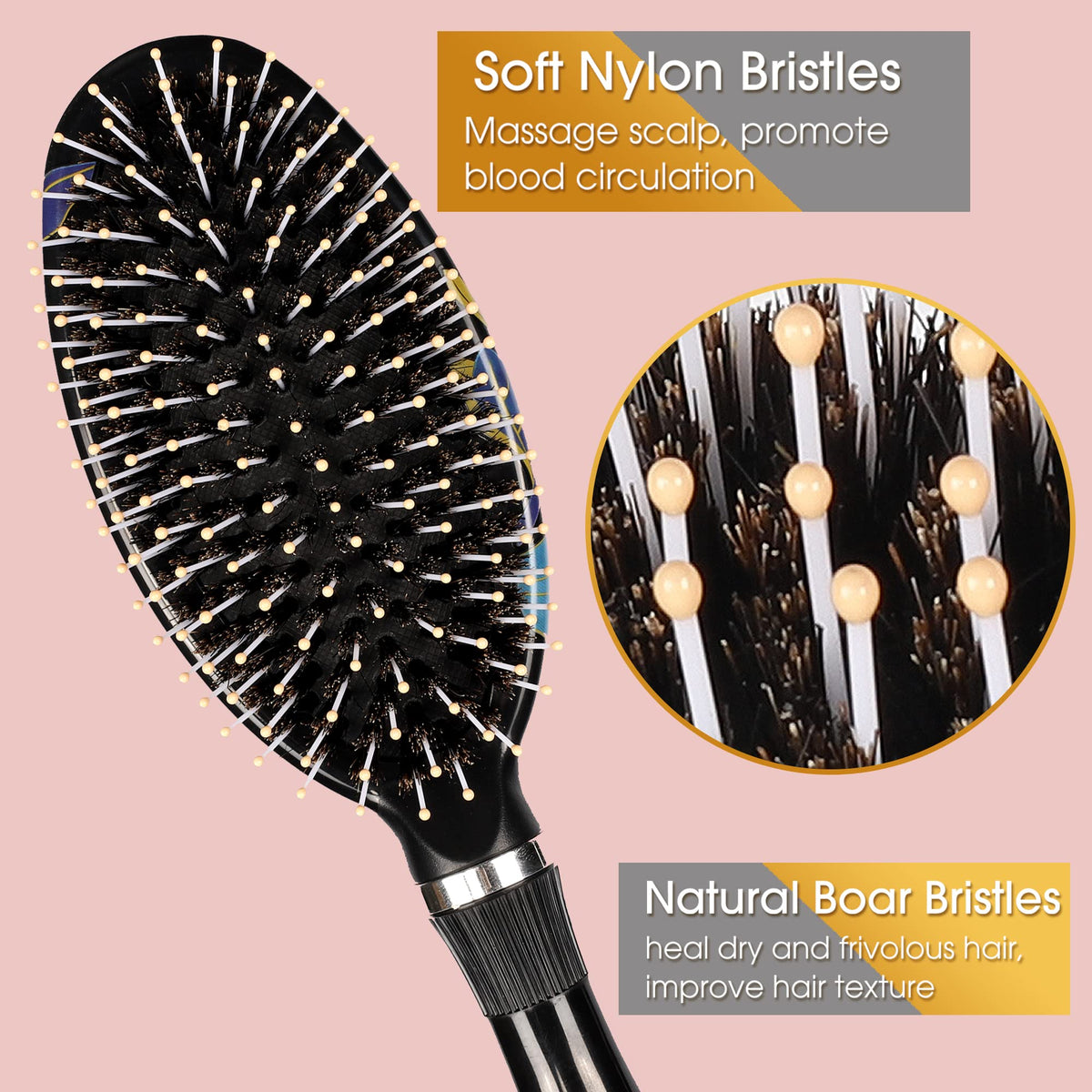 Hair Brush, Sosoon Boar Bristle Hair Brushes for Women Men Kids Thick Curly Dry Wet Hair, Smoothing Detangling Hairbrush Adds Shine and Improves Hair Texture with Hair Comb (Black)