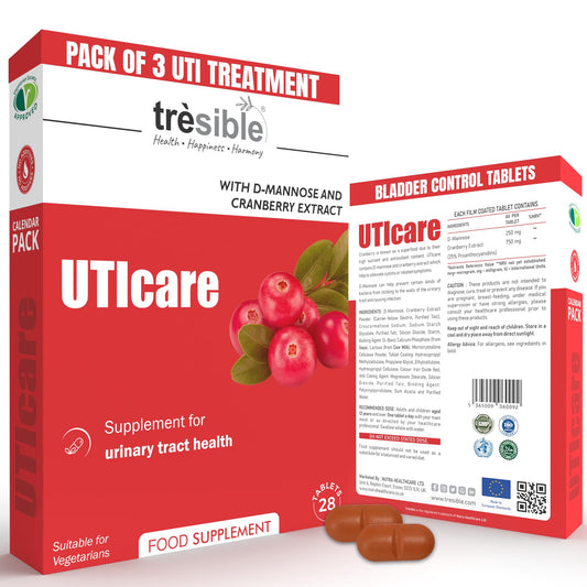 Tresible Trèsible Uticare D-Mannose & Cranberry Tablets for Urinary Infections (Pack of 3) - Natural Daily Supplement for Bladder Strength & UTI Treatment for Women, Veg & Gluten-Free, 12-Week Supply