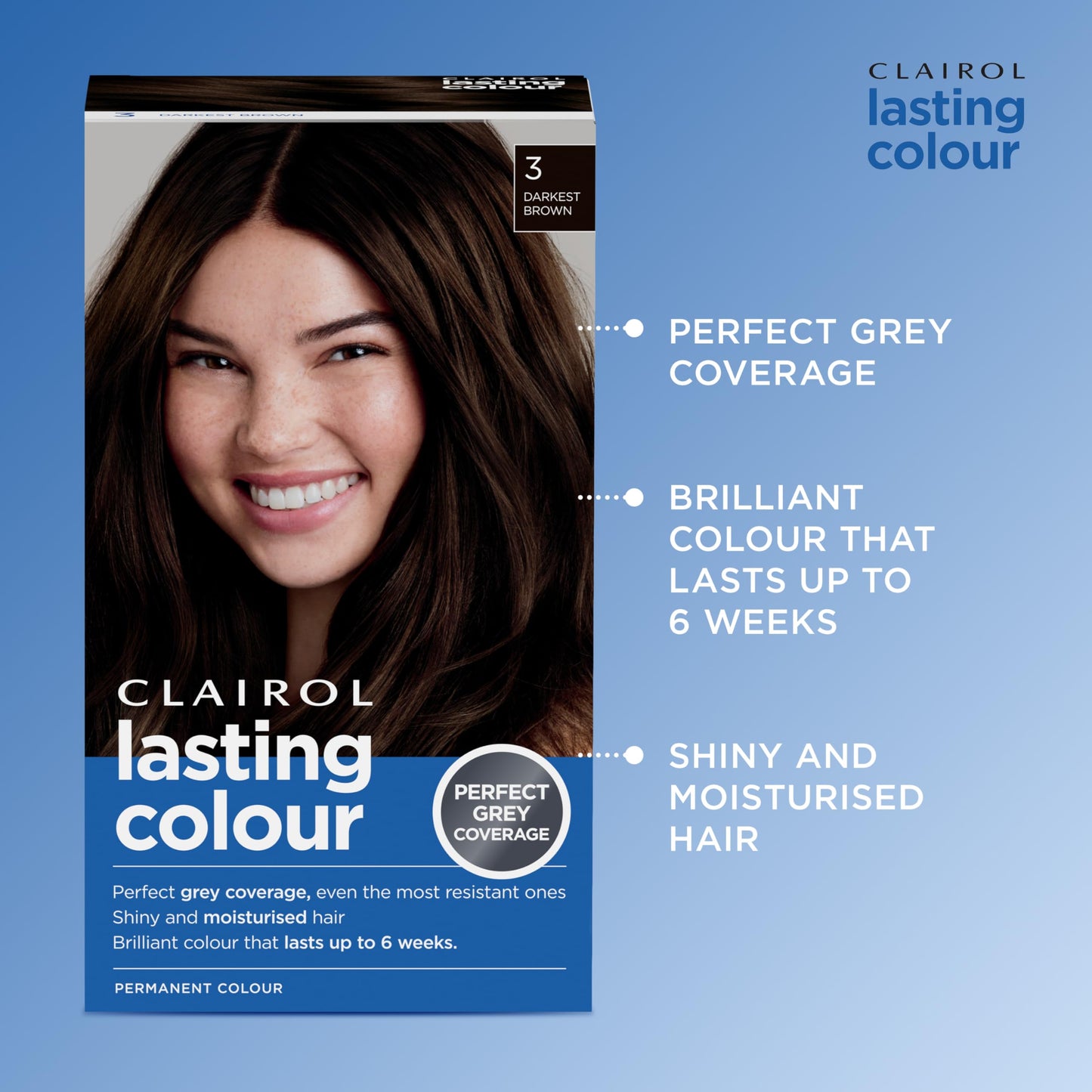 Clairol Lasting Colour Permanent Hair Dye | Ideal Grey Coverage | Shiny and Moisturised Hair | 3 Darkest Brown