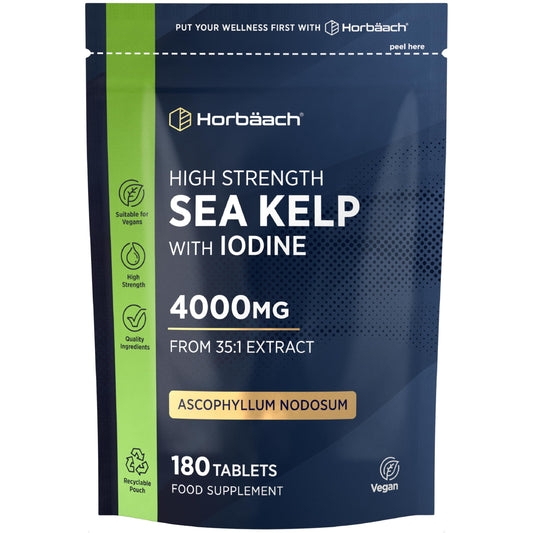 Horbäach Sea Kelp Tablets 4000mg | Natural Source of Iodine | 3 Months Supply | High Strength Kelp Extract | 180 Vegan Tablets | by Horbaach