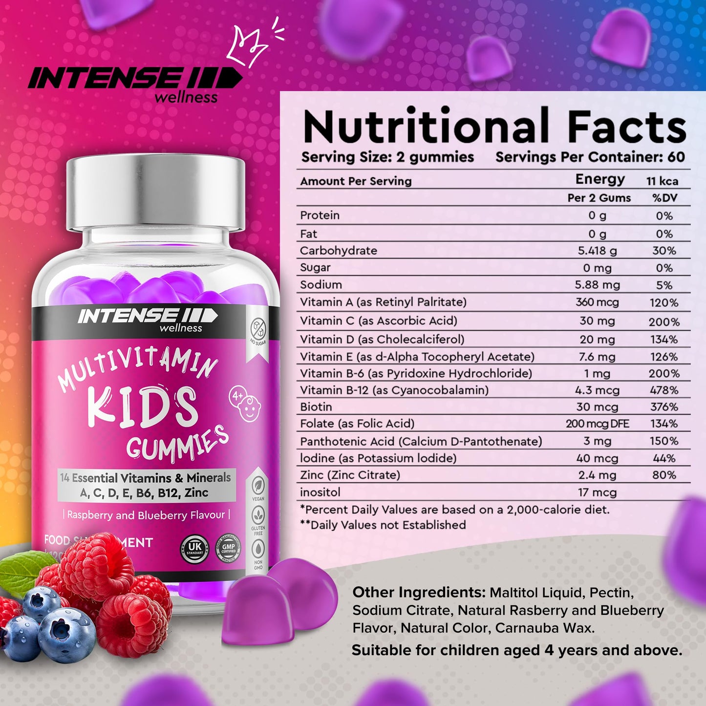 Intense Wellness INTENSE Wellness Multivitamin Gummies for Kids - Vegan Gummies with 14 Vitamins, Minerals, B6, B12 - Raspberry/Blueberry Flavour - Healthy Multi Gummies Boost Immunity, Bone Health, more - 120 Gummies