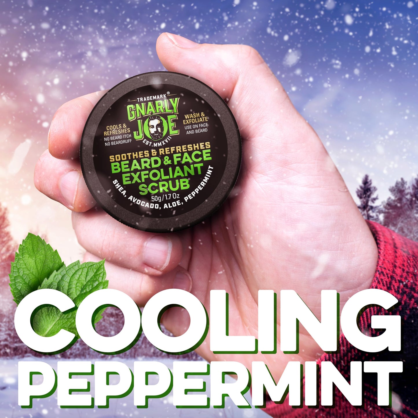 TRADEMARK GNARLY JOE EST.MMXVII Gnarly Joe Face & Beard Exfoliator Scrub for Men - 50g Natural Peppermint Face Wash - Dual Action Beard Exfoliator & Mens Facial Scrub for Dry, Itchy Skin & Beard Dandruff - Made in UK