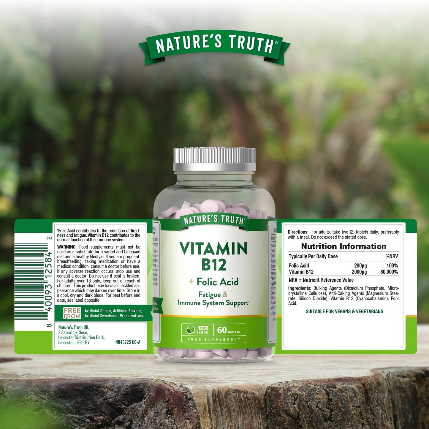 Nature's Truth Vitamin B12 with Folic Acid - 60 Vegan Tablets - Fatigue and Immune System Support