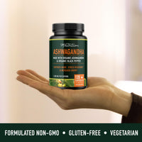 SMNutrition Ashwagandha 1300mg | Ashwagandha Root Powder & Black Pepper Extract | High Absorption Adaptogen for Stress Relief, Mood & Thyroid Support | Vegetarian, Gluten-Free | 120 Capsules, 2-Month Supply