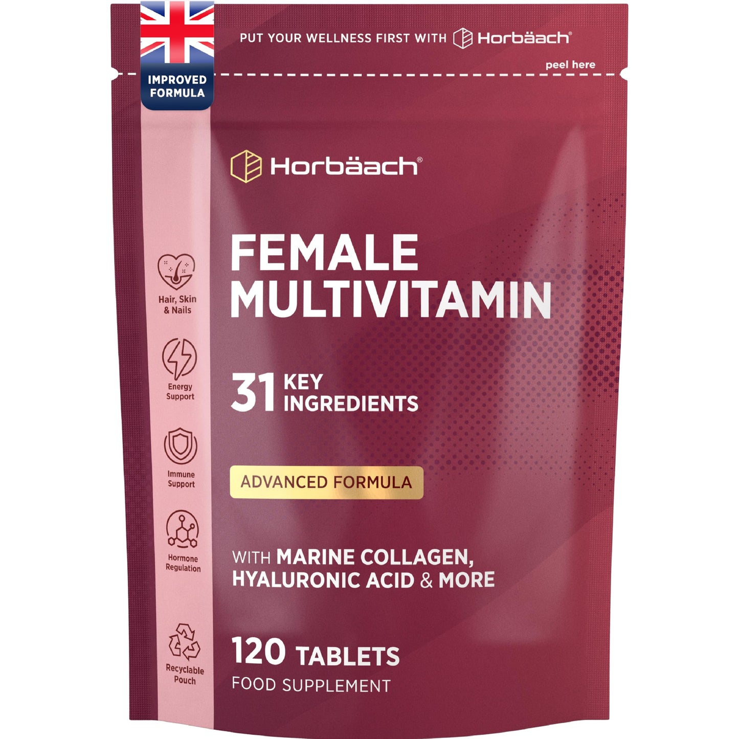 Horbäach Womens Multivitamins and Minerals with Marine Collagen & Hyaluronic Acid | 31 Essential Vitamins, Minerals, & Botanicals with Cranberry, Iron, Biotin, B6 & More | 120 Tablets | by Horbaach