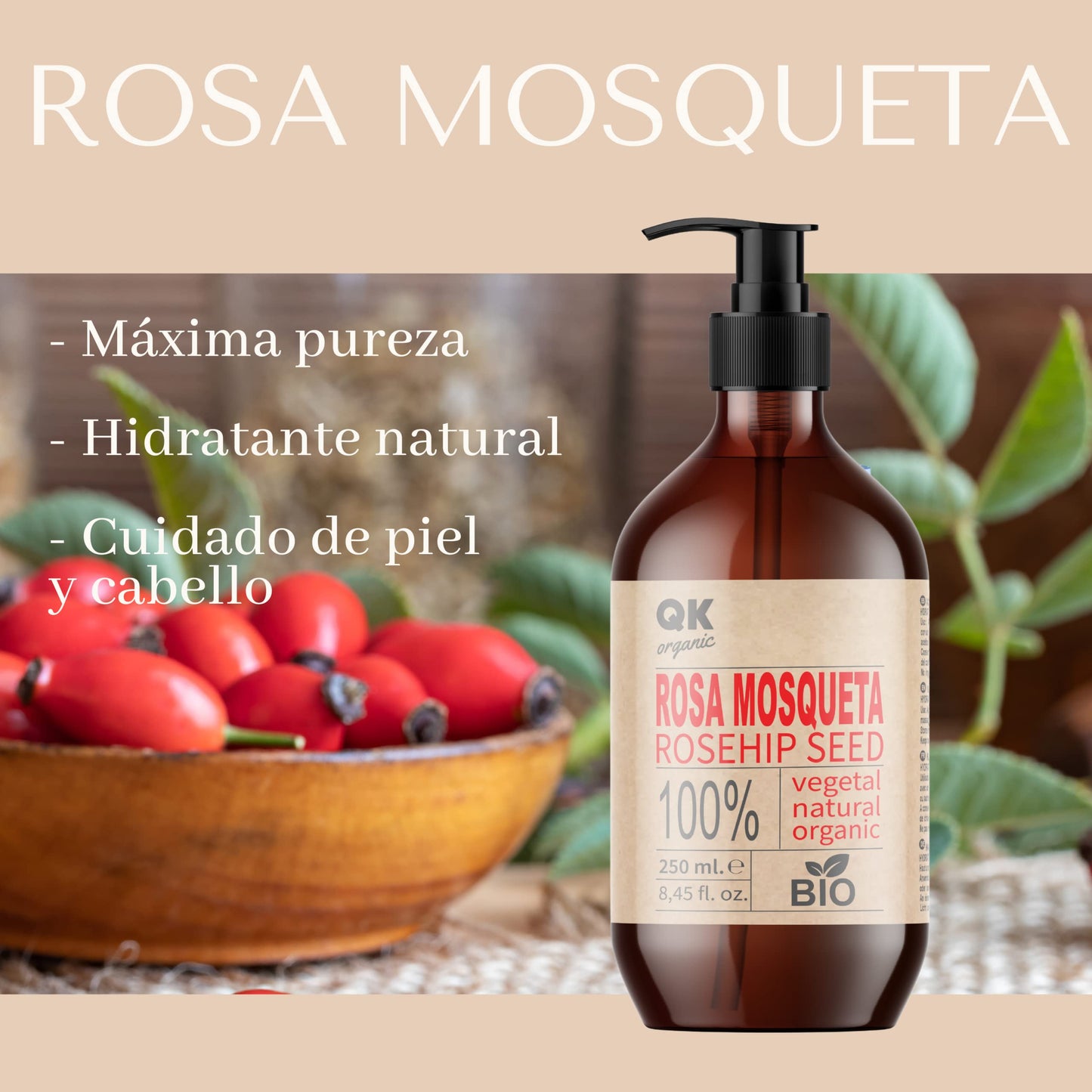 QKnatur Rosehip oil, 100% pure organic vegan, 250 ml, for scars and stretch marks, anti-wrinkle, anti-bio, cold pressed