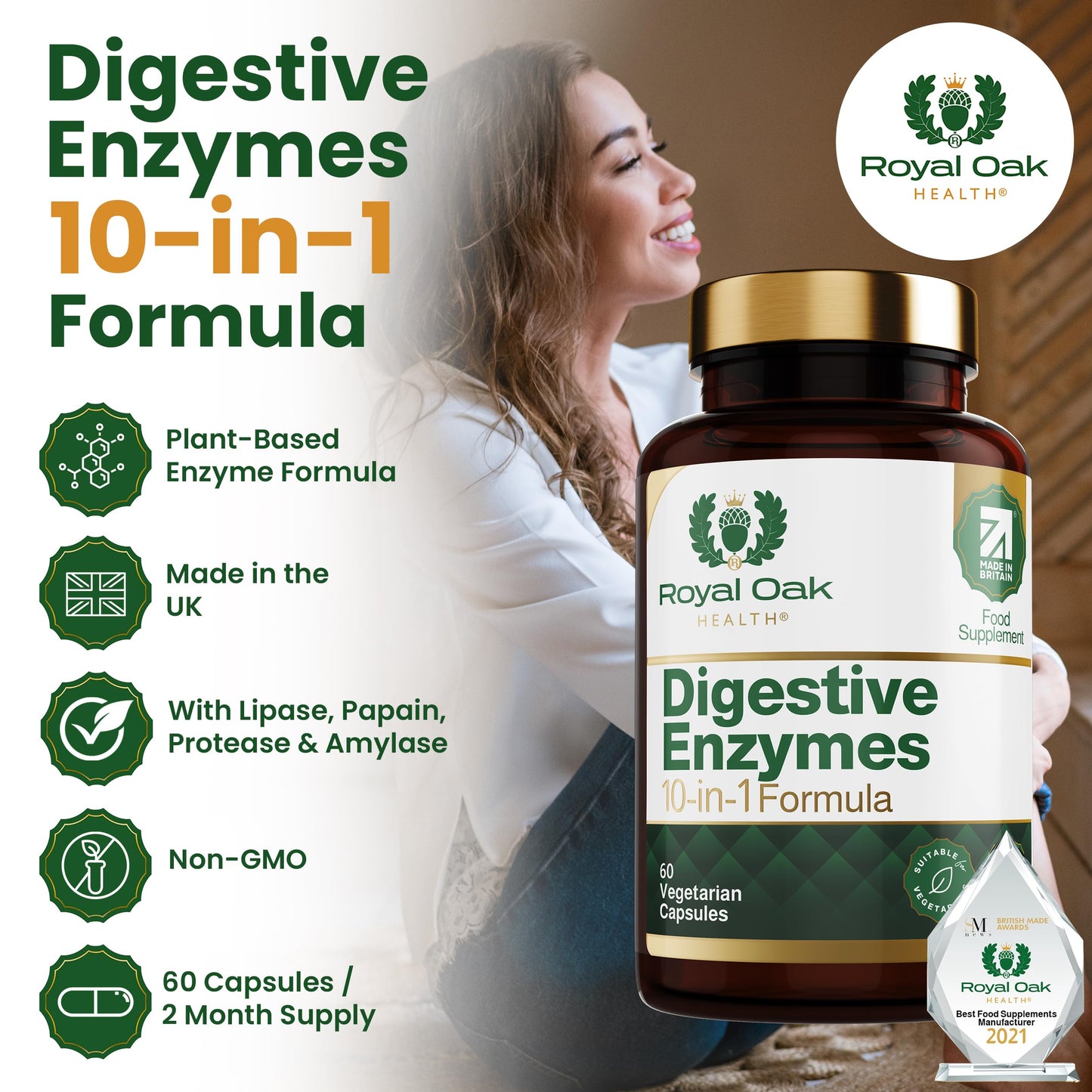 Royal Oak Health Digestive Enzymes - Broad Spectrum 10 in-1 Formula - with Amylase, Protease, Lipase, Papain & Bromelain - 60 Vegan Capsules, UK Made