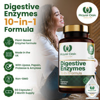 Royal Oak Health Digestive Enzymes - Broad Spectrum 10 in-1 Formula - with Amylase, Protease, Lipase, Papain & Bromelain - 60 Vegan Capsules, UK Made