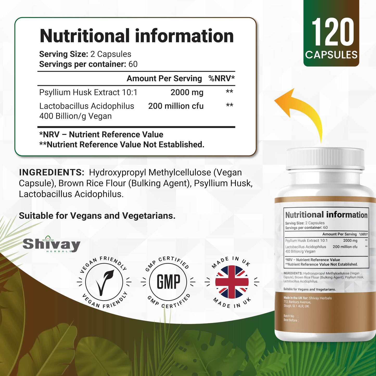Psyllium Husk 2000mg + 200 Mcfu Lactobacillus Acidophilus Per Serving | Probiotics & Natural Soluble Fiber Supplement | 120 Vegan Capsules - 2 Month Supply | Made in The UK by Shivay Herbals