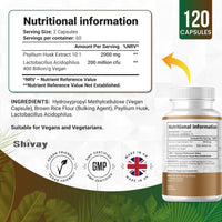 Psyllium Husk 2000mg + 200 Mcfu Lactobacillus Acidophilus Per Serving | Probiotics & Natural Soluble Fiber Supplement | 120 Vegan Capsules - 2 Month Supply | Made in The UK by Shivay Herbals