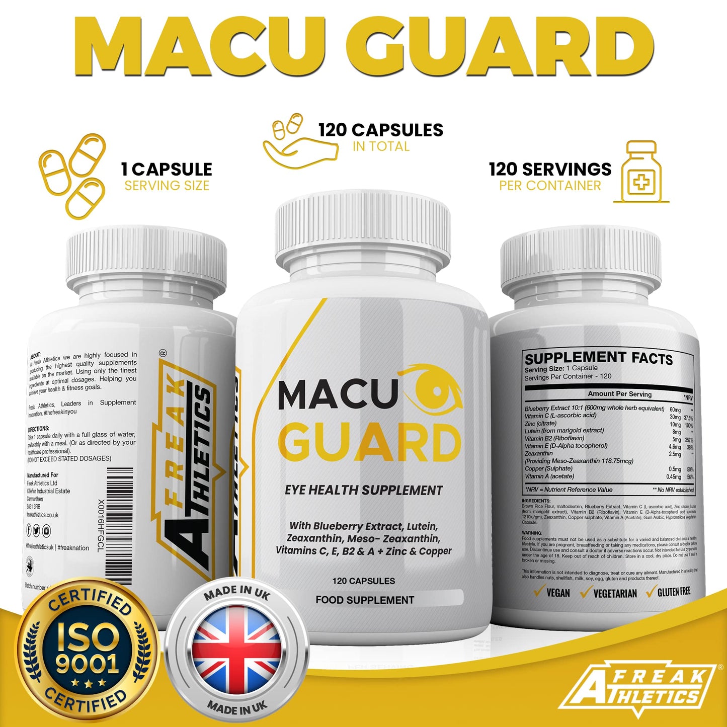 MacuGuard+ Eye Supplement - 120 Capsules - Zeaxanthin, Meso Zeaxanthin, Lutein, Blueberry Extract Plus Vitamins and Minerals - Premium UK Made