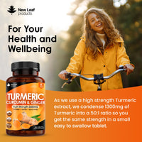 NEW LEAF PRODUCTS Turmeric Tablets 2600mg High Strength with Black Pepper & Ginger (6 Months Supply) Active 95% Turmeric Curcumin Supplements 365 Tablets Not Capsules, Vegan, UK Made by New Leaf