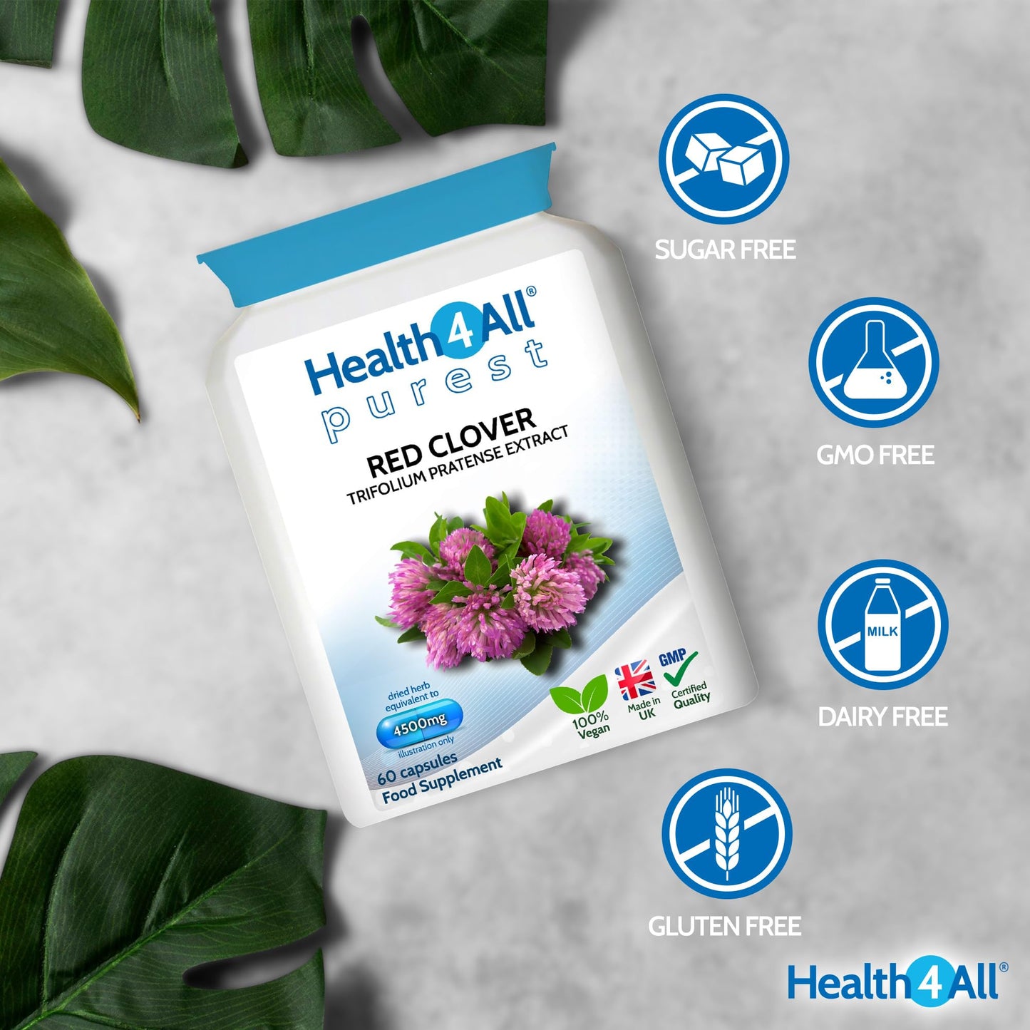 Health4All Red Clover 4500mg 60 Capsules 2 Months Supply, High Strength Extract 24mg Isoflavones Each Capsule, Menopause Support & Hormone Balance Vegan Supplement | Made in UK