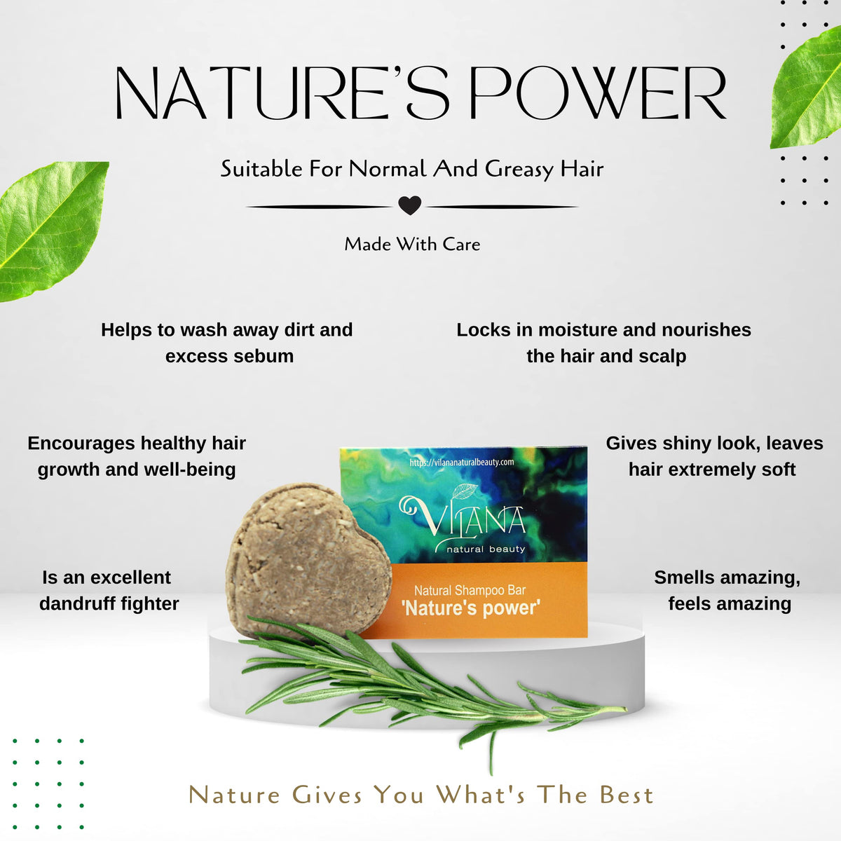 Vilana Natural Beauty Nature’s Power Natural Shampoo Bar 70g by Vilana | Vegan Shampoo Bar – Removes Dirt, Helps Fight Dandruff, Strengthens Hair Roots | Sulphate Free Hair Shampoo Bar, Suitable for Normal and Greasy Hair
