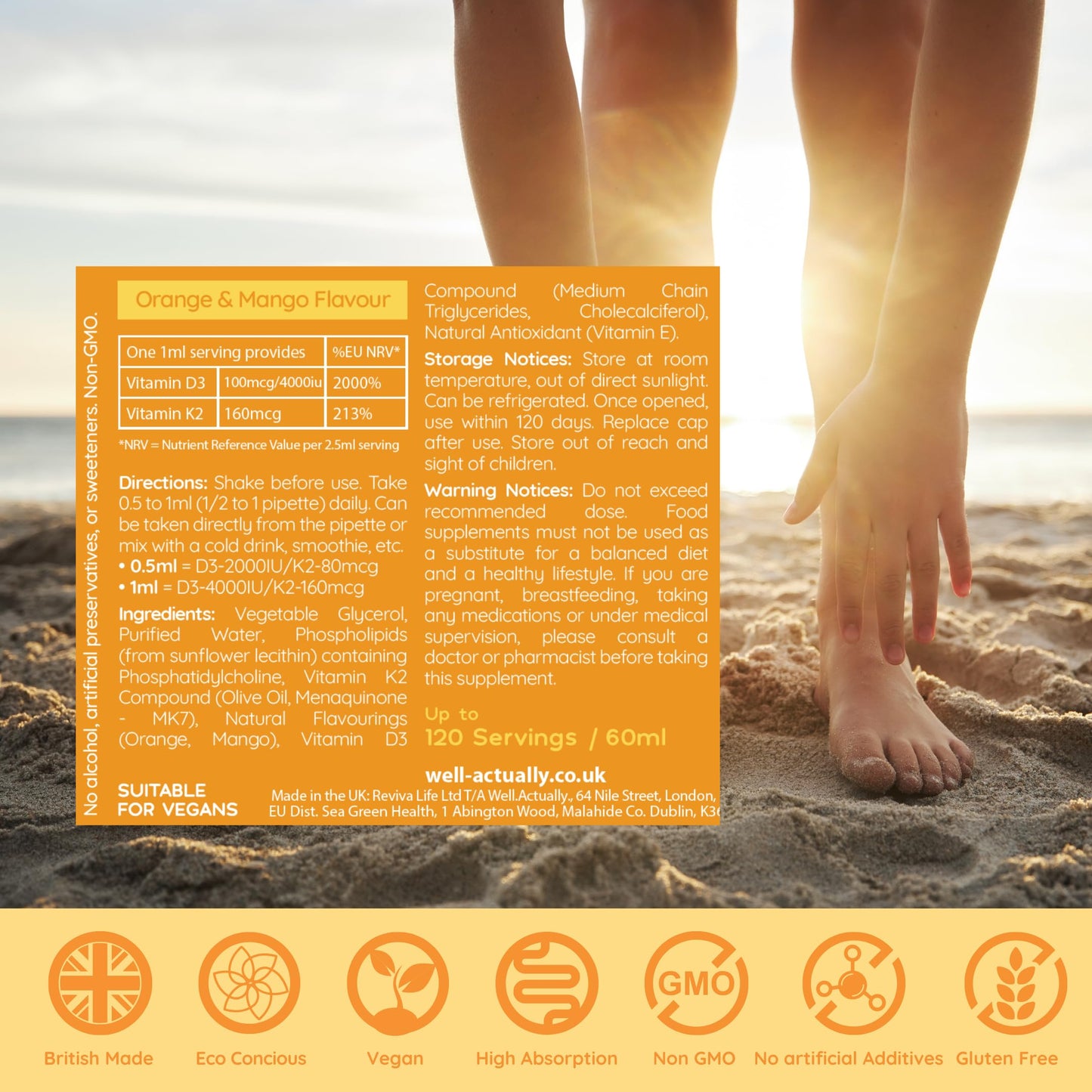 WELL ACTUALLY Liposomal Vitamin D3 + K2 Liquid Pipette - High Absorption Vegan Vitamin D3 4000 IU & Vitamin K2-7 160mcg as Menaquinone-7 MK-7 - Orange & Mango (up to 120 Servings)