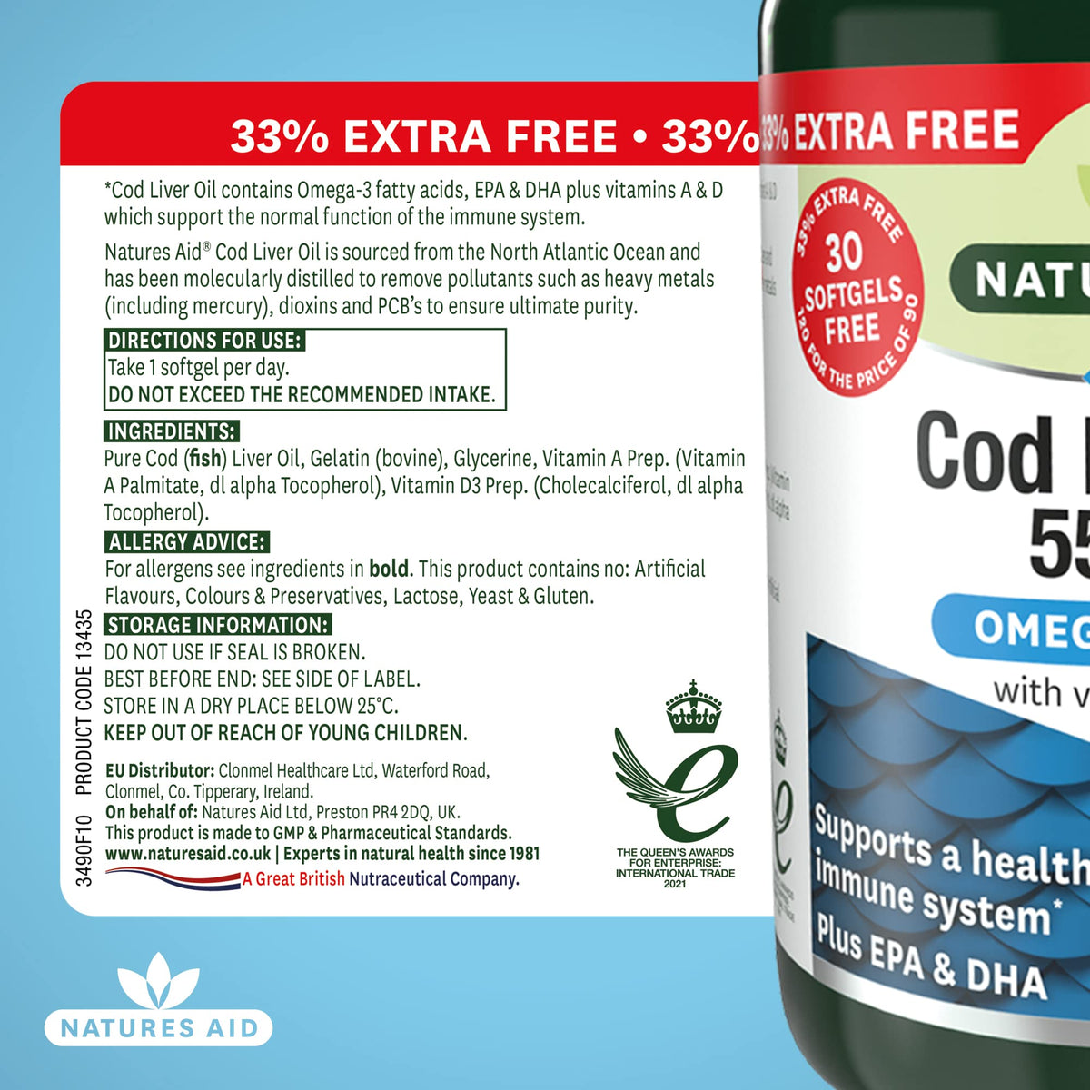 Natures Aid Cod Liver Oil 550mg Softgels – High Strength Omega-3 Fish Oil with Vitamins A, D Plus EPA & DHA – Supports Healthy Immune System Heart Health Brain Vision Joints – Non-GMO – 120 Capsules