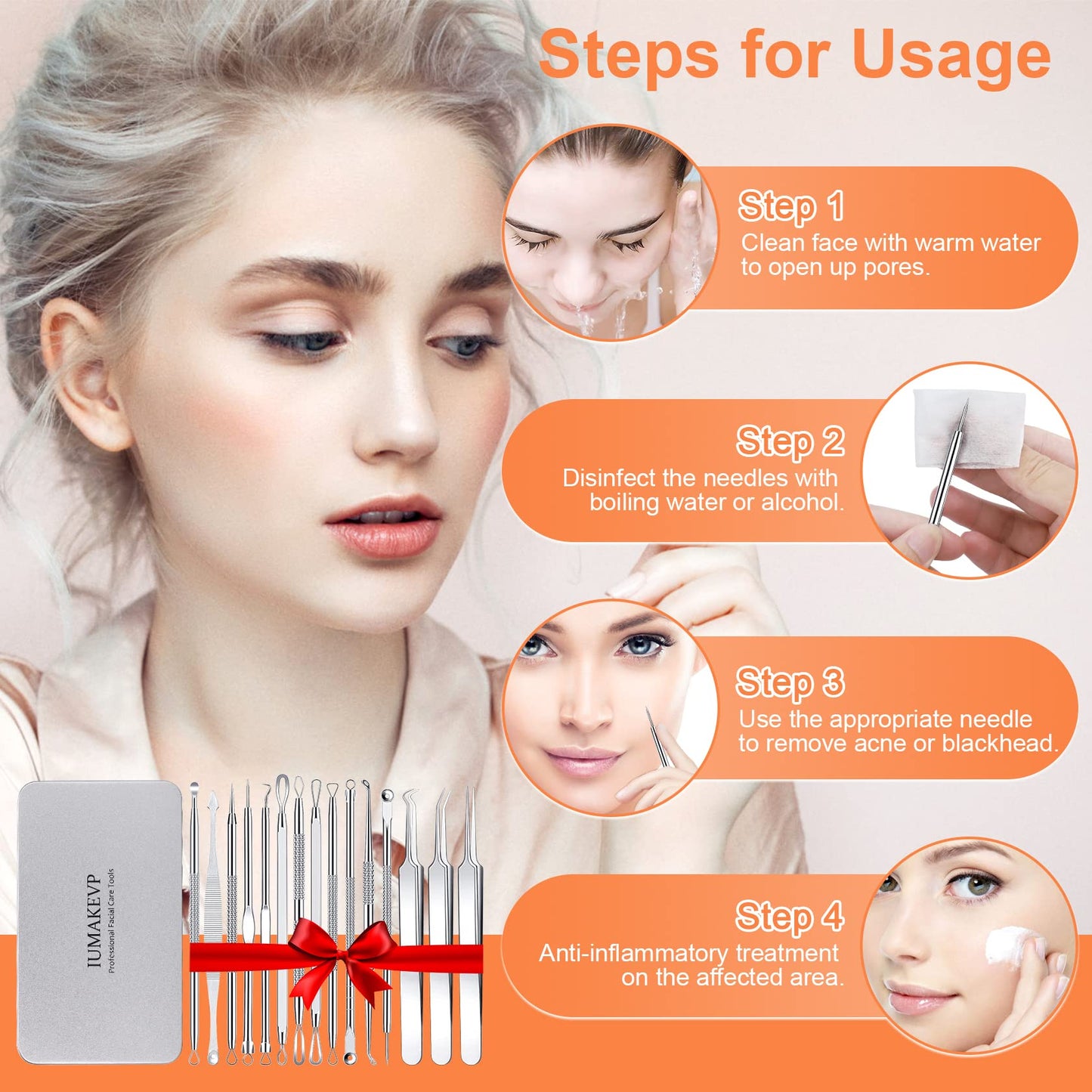 Blackhead Remover Tool Kit, IUMAKEVP 15 PCS Professional Stainless Steel Pimple Popper Comedone Extractor Tools for Removing Pimple, Blackheads, Zit on Face - Acne Removal Kit with Metal Case(Silvery)