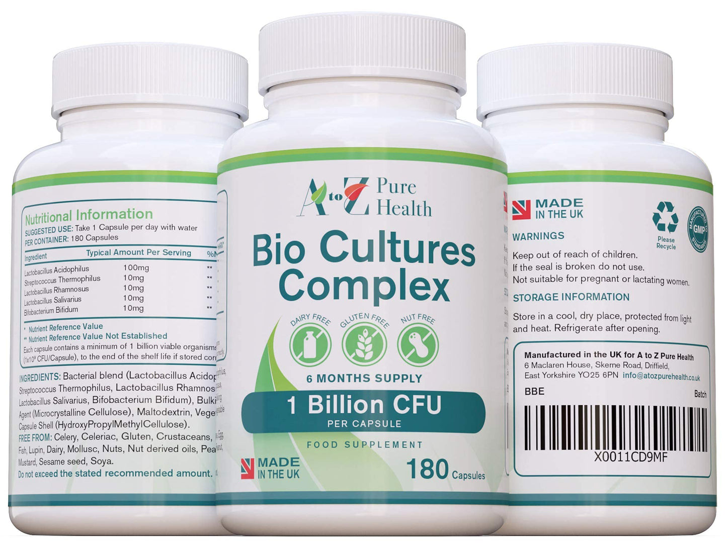 Premium Bio Cultures Complex 180 Capsules (6 Month’s Supply) | High Strength Probiotic | Vegan Multi Strain Probiotic | Lactobacillus Acidophilus & Bifidobacterium | Supports Digestive Health
