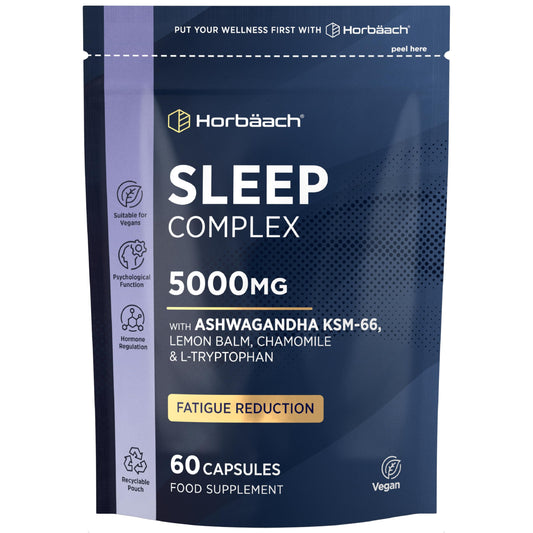 Horbäach Sleeping Tablets with Ashwagandha KSM-66 | 5000mg Complex for Adults with Lemon Balm, Chamomile and L-Tryptophan | 60 Vegan Capsules | Night Time Complex for Men & Women | by Horbaach