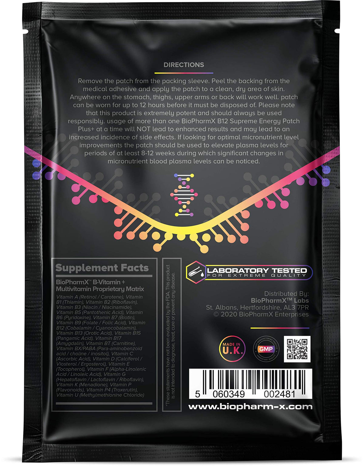 Biopharm-X Vitamin B12 1200mcg Supreme Energy Patch + Vitamins B1, B2, B3, B5, B6, B7, B8, B9 (1 Month Supply / 30 Patches) Premium Grade & High Strength B Complex Vitamin Patch