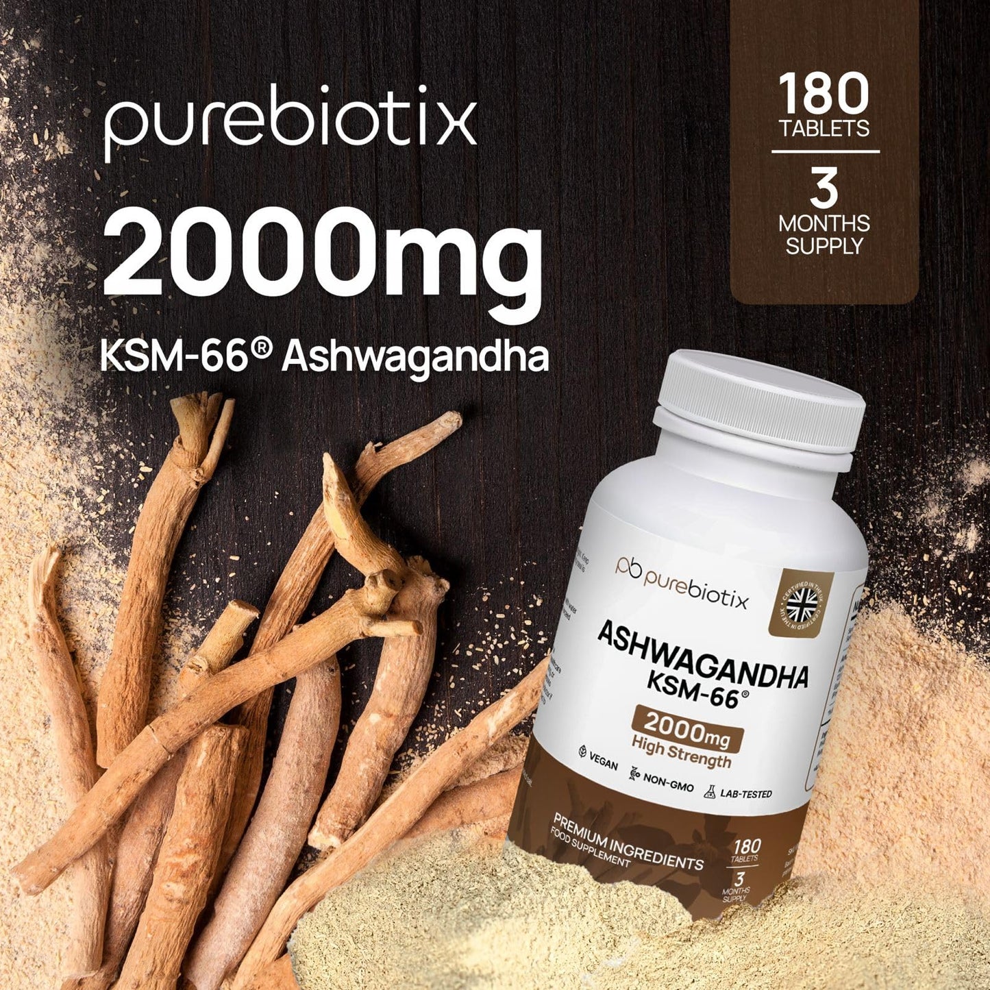 Purebiotix Ashwagandha KSM 66 (Vegan) | Ashwagandha High Strength Tablets (Over 2000mg) | Made in UK | Pure Organic Ashwagandha Root Powder Tablets