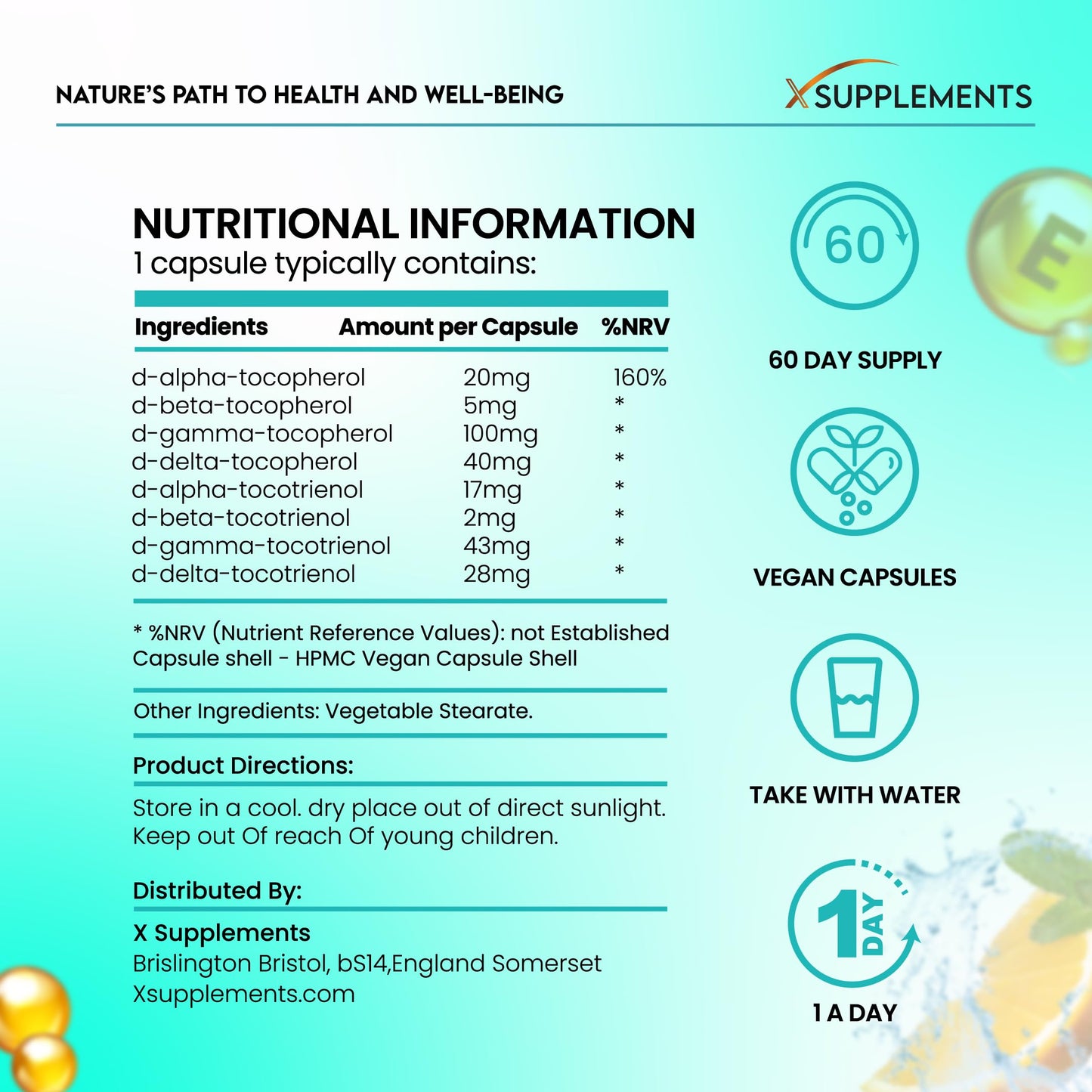 X supplements Natural Vitamin E Complex | 60 Vegan Capsules |100% Natural Ingredients | Advanced Formula | All 8 E Tocopherols & Tocotrienols | No Fillers Or Binders | X Supplements | Supports Immune Health