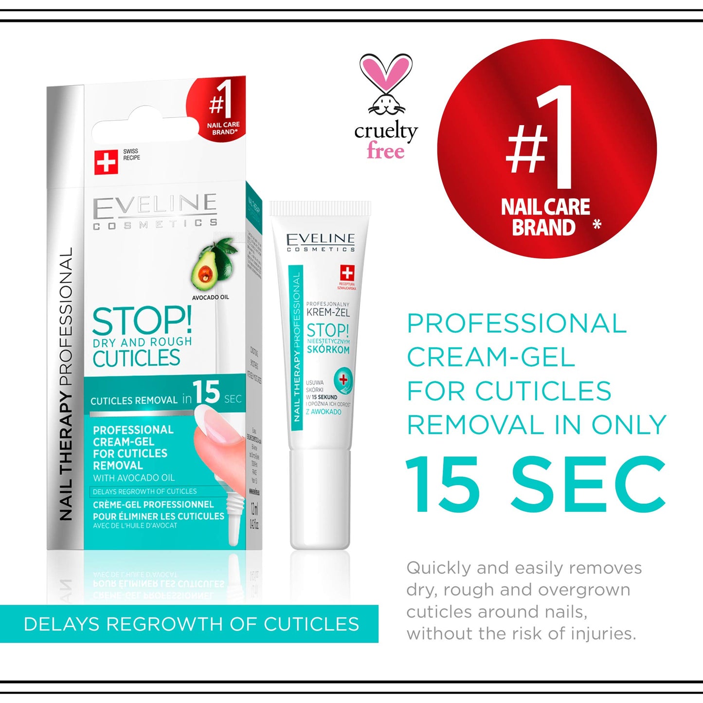 Eveline Cosmetics Nail Therapy Express 15 Second Instant Cuticle Remover Gel-Cream | 12 ml | Nail Strengthening Conditioner | Smooth Hydrated Strong Nails | with Avocado Oil | Beautiful Manicure Look