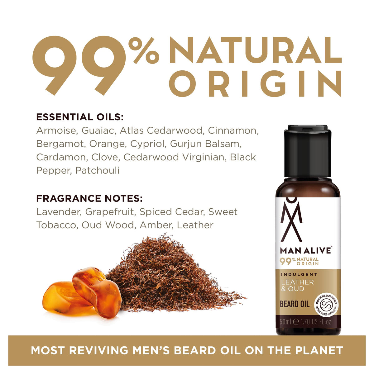 MAN ALIVE Beard Oil for men by Man Alive 99% Natural skincare 50ml with Oatmeal, Argan Oil, Jojoba Oil & Almond Oil, gifts for men softens facial hair mens gifts birthday gifts for him (Leather & Oud)