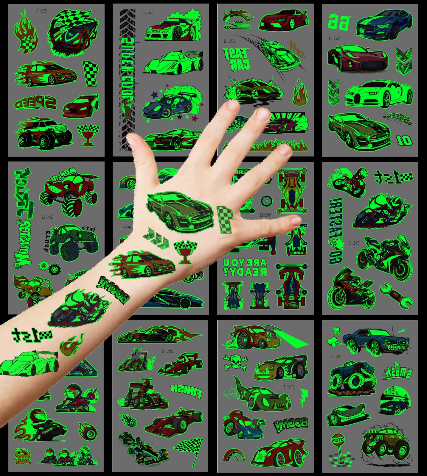 Deen Luminous Racing Car Kids Tattoos, 12 Sheets Glow In The Dark Temporary Tattoos for Boys, Birthday Party Favours