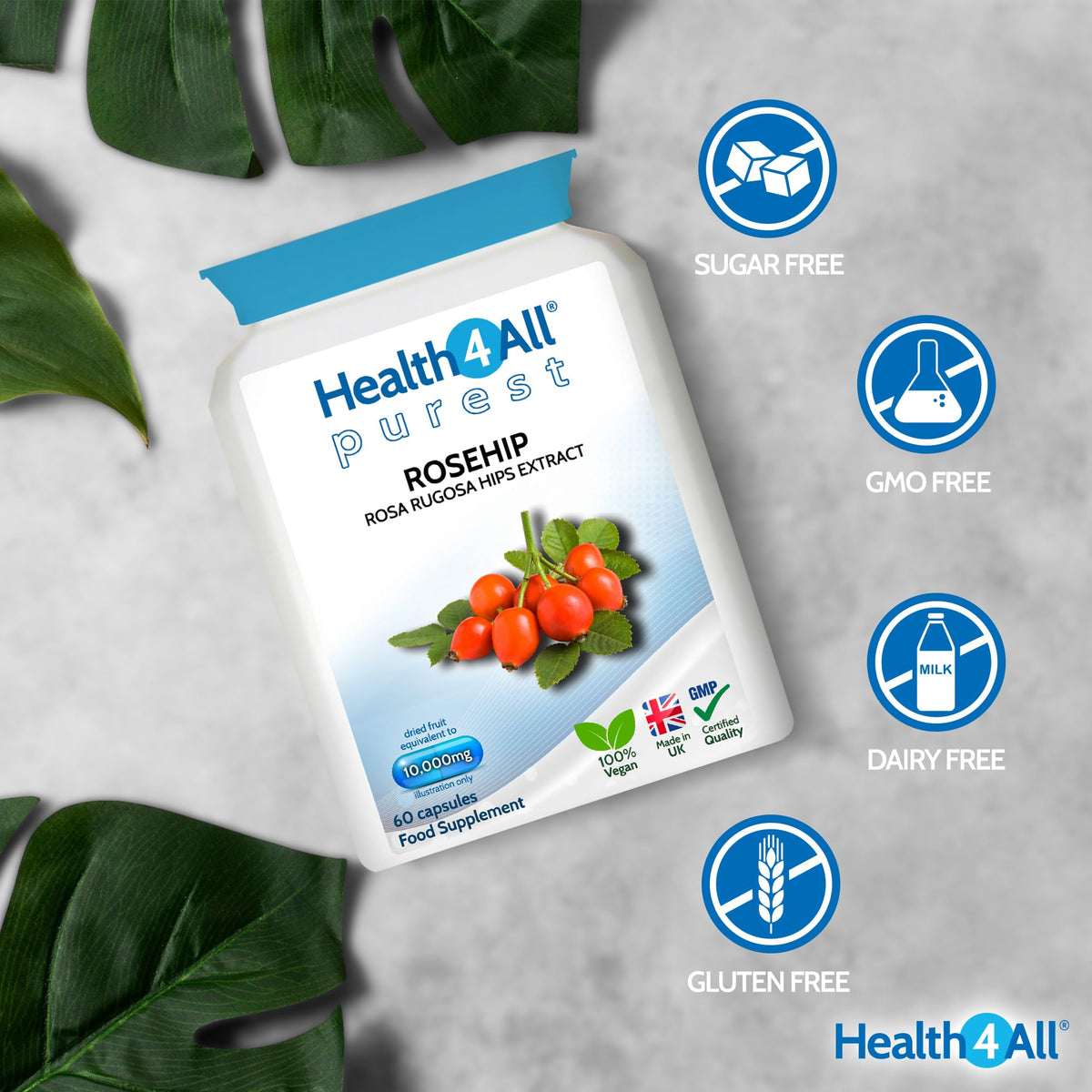 Health4All Rosehip 10,000mg per Capsule, 60 Capsules 2 Months Supply, High Strength Rosa Rugosa Hips Joint Support Supplement, Pure, Vegan, Naturally Sourced Extract (not Tablets) | Made in UK