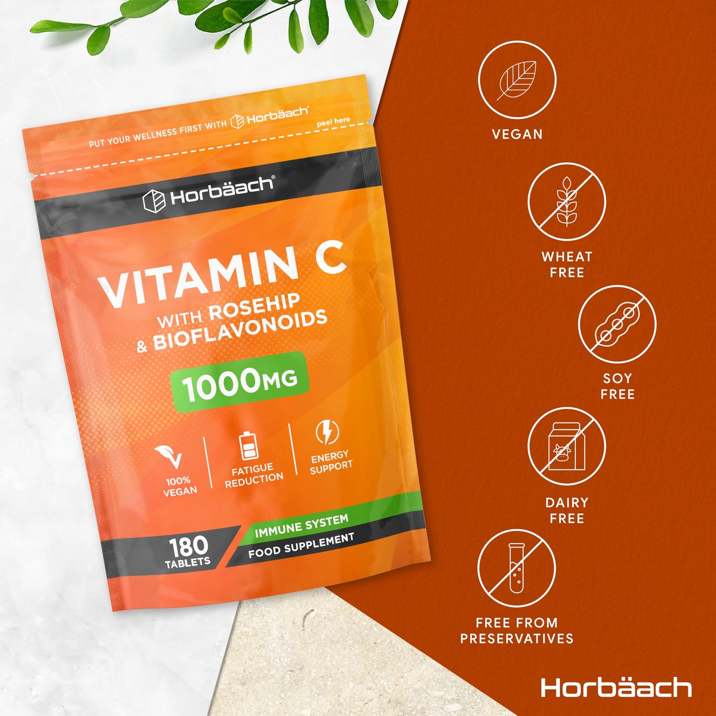 Horbäach Vitamin C Tablets 1000mg | 180 Tablets | Complex Supplement with Rosehip and Bioflavonoids | Vegan and Vegetarian Friendly | by Horbaach