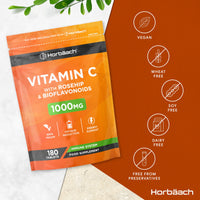 Horbäach Vitamin C Tablets 1000mg | 180 Tablets | Complex Supplement with Rosehip and Bioflavonoids | Vegan and Vegetarian Friendly | by Horbaach
