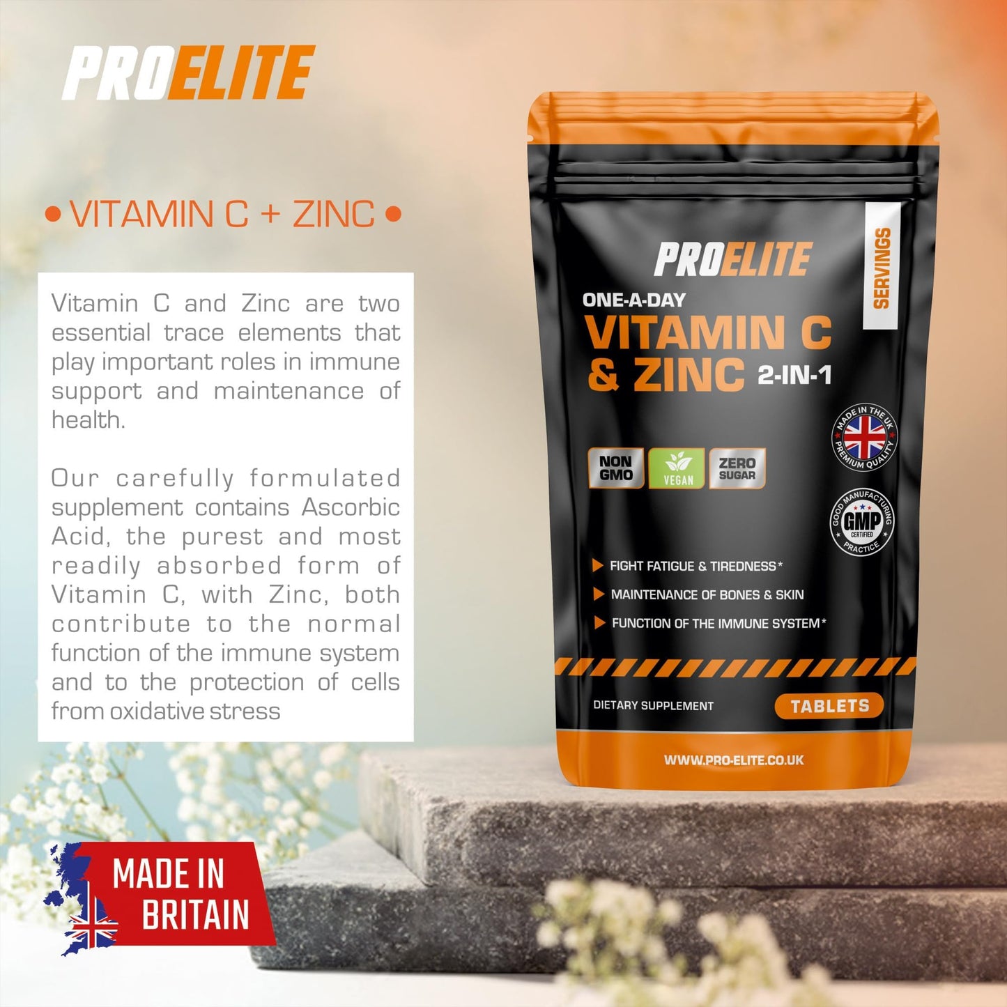 Vitamin C and Zinc 360 Tablets Vegan - Ascorbic Acid with Added Zinc - Maintenance of Normal Immune System - High Strength Vitamin C & zinc Capsule & Powder Alternative by PROELITE
