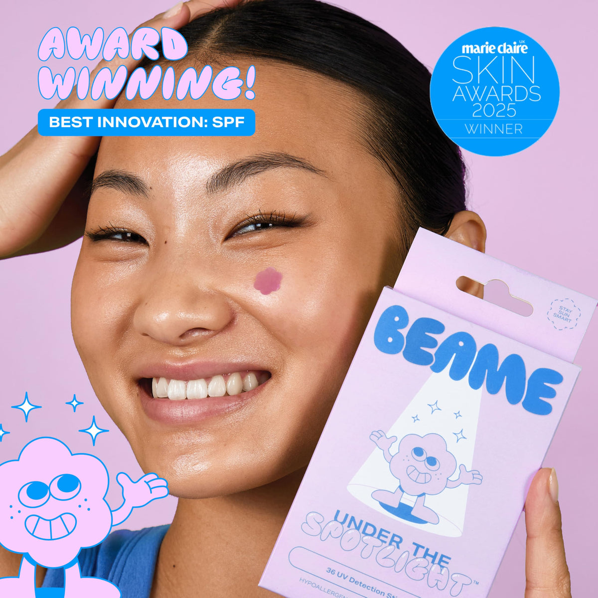 BEAME Under The Spotlight™ UV Skin Detection Stickers - Smart UV Sensing Stickers That Show When To Reapply - Water-Resistant & UV Protection Stickers - Skin-Safe, Vegan & Cruelty-Free - 36-pack, 12mm