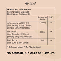 NEW LEAF PRODUCTS Ashwagandha KSM-66 and Lions Mane Capsules - High Strength 2000mg KSM-66 Ashwaghandha Root Extract and Lions Mane Mushroom Extract - 120 Vegan Capsules with Black Pepper - UK Made by New Leaf