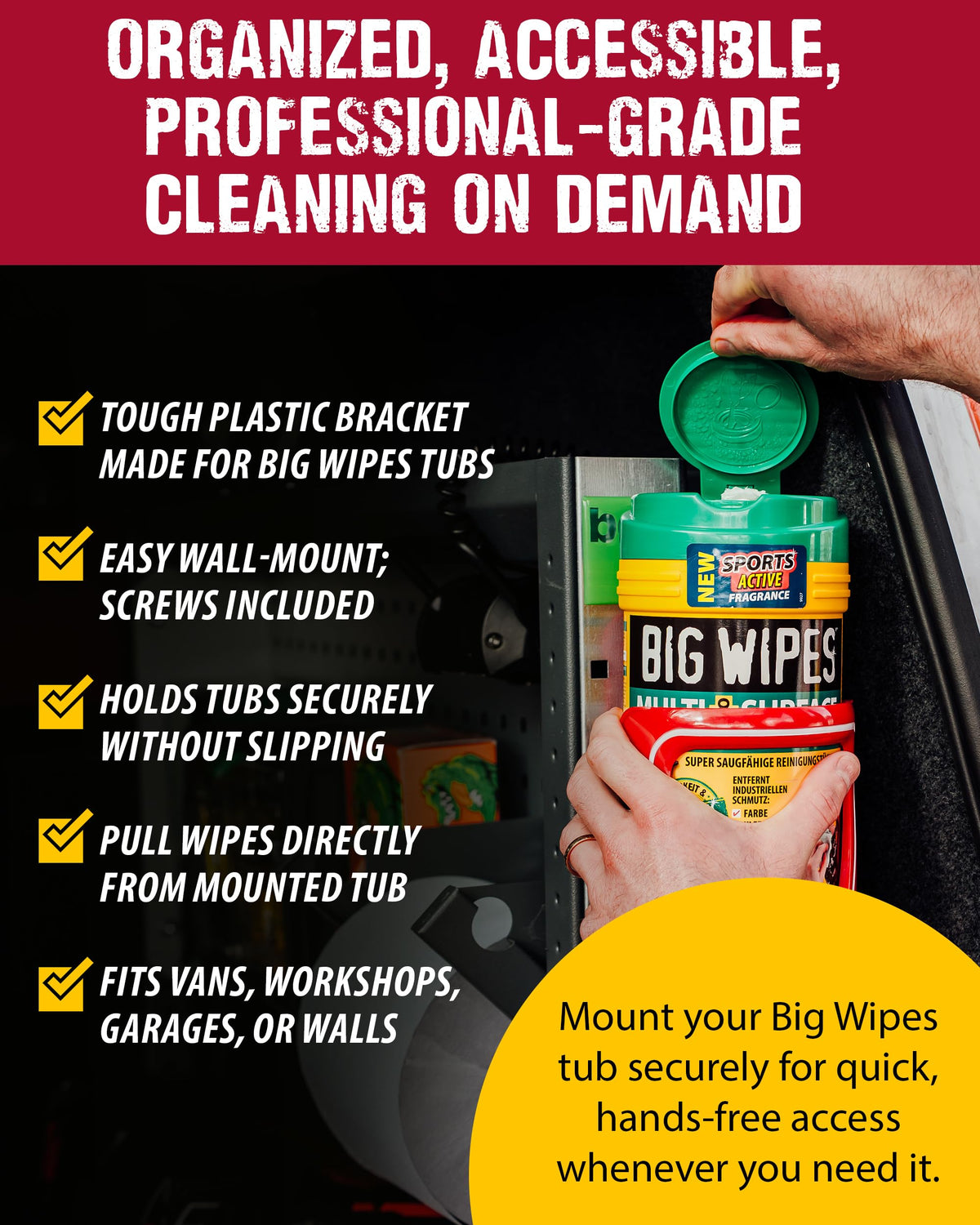 Big Wipes Holder - The Cage Van & Wall Bracket – Mountable & Fully Adjustable Heavy Duty Wipes Dispenser – Durable Polycarbonate Design for Workshop, Garage & Van Accessories