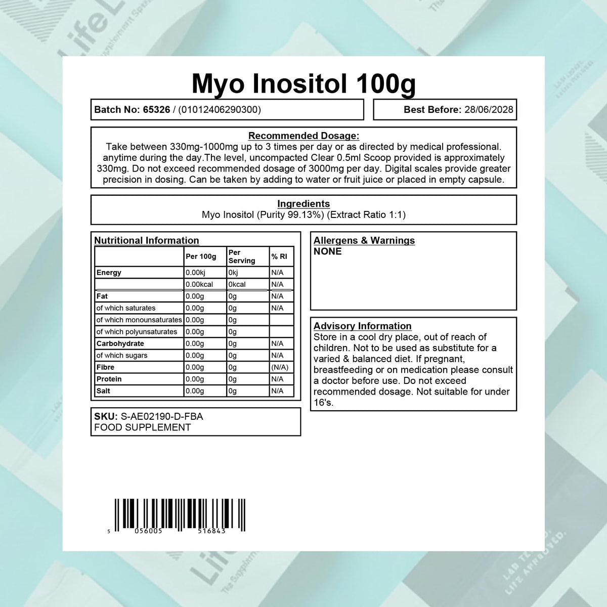 Blackburn Distributions Myo Inositol Powder 100g- Pure Myo Inositol Supplement for Hormonal Balance - Mood Support Vegan Myo Inostiol Powder 99.5 High Purity by LifeLab Supplements