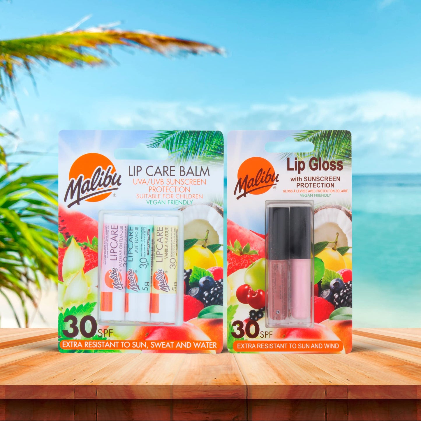 Malibu Sun SPF 30 Sunscreen Lip Gloss, High Protection, Water and Wind Resistant, Coconut and Strawberry, Pack of 2 x 1.5ml