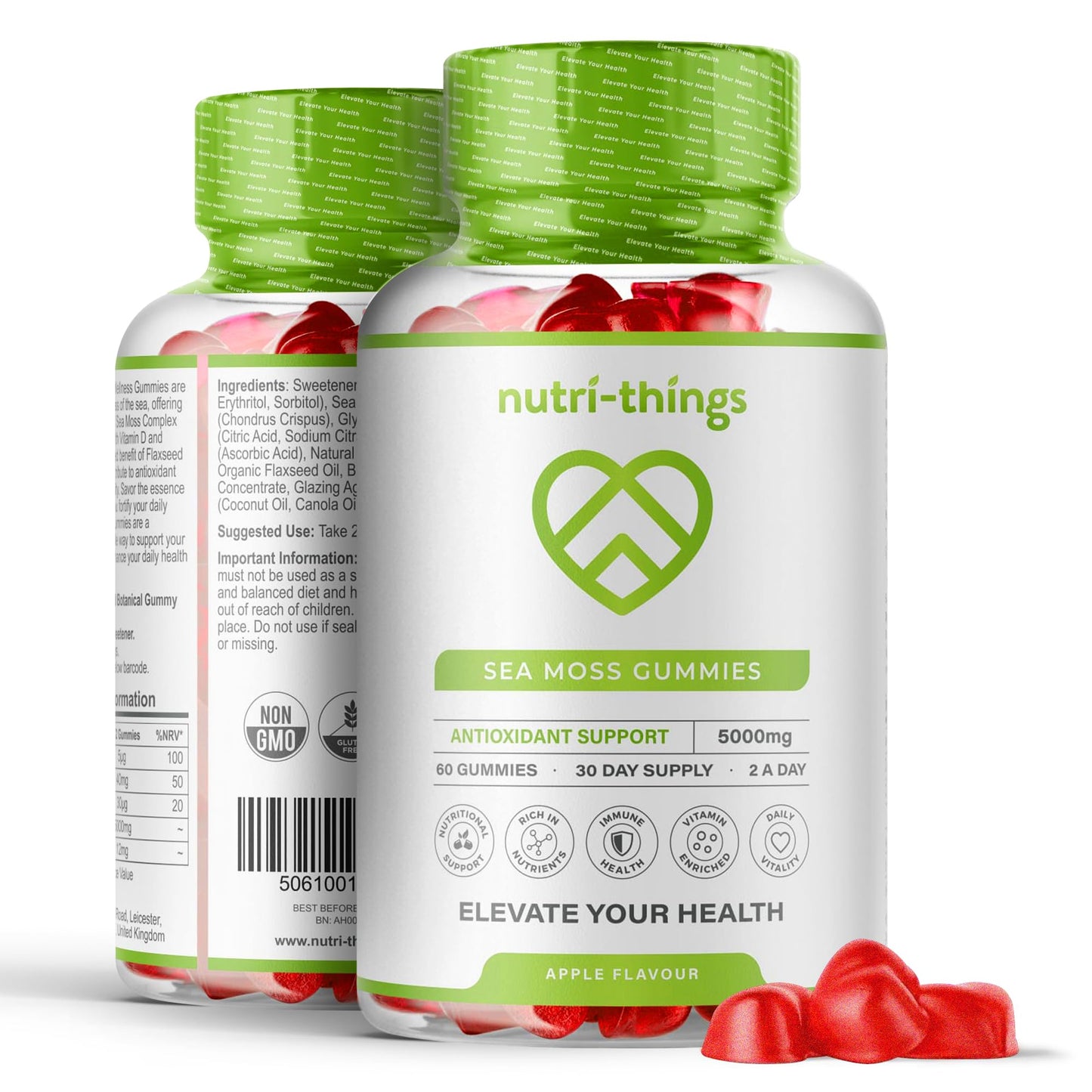 Nutri-things Sea Moss Gummies - Premium 5000mg Complex, Antioxidant & Immune Support with Vitamin C & D, Natural Apple Flavor, Strict Quality Standards, Convenient 30-Day Supply