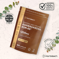 Horbäach Organic Ashwagandha KSM-66® 1200mg with 5% Withanolides | Pure Ashwagandha Root Powder | High Strength | 180 Vegan Capsules (Not Tablets) | Supplement for Men & Women | by Horbaach