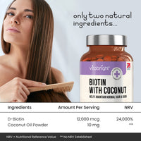 Biotin Hair Growth Vitamins, 12000 mcg Biotin Tablets, 365 Vegan Biotin Tablets, Support Hair Growth, Hair Skin & Nails Vitamins for Hair Loss for Women & Men, VitaBright Biotin Supplements + Coconut