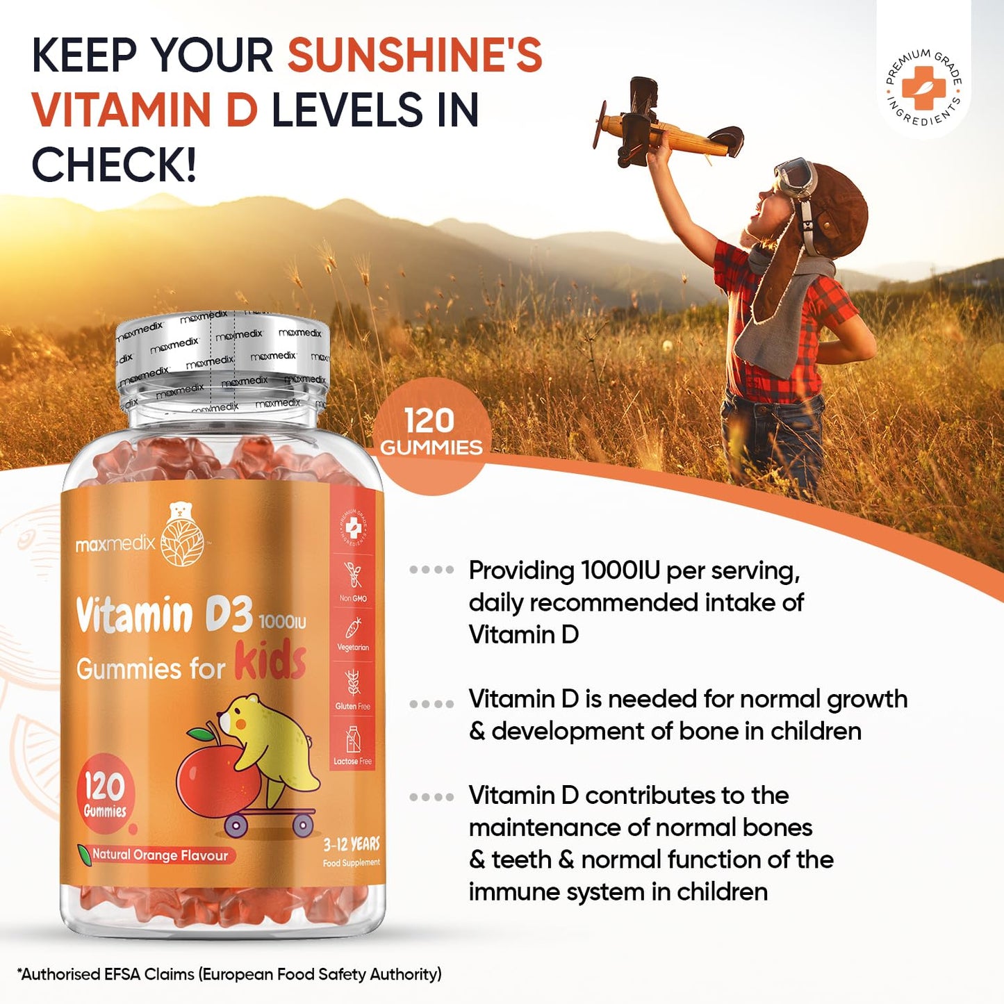 Vitamin D Gummies Kids 1000IU - Natural Orange Flavour Gummies - 4 Months Supply (120 Vitamin D3 Gummies) - One A Day - for Kids 3-12 Years - Vegetarian, Non-GMO & Gluten-Free Vitamin D for Kids