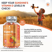 Vitamin D Gummies Kids 1000IU - Natural Orange Flavour Gummies - 4 Months Supply (120 Vitamin D3 Gummies) - One A Day - for Kids 3-12 Years - Vegetarian, Non-GMO & Gluten-Free Vitamin D for Kids