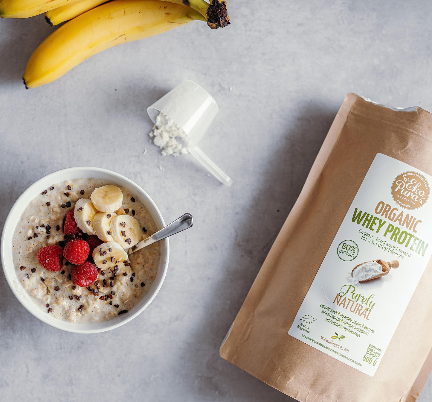 Ekopura Organic Whey Protein 500g | 80% Protein | Hormone Free, GMO-Free, Soy-Free, Additive Free, No Added Sugars | Promotes Muscle Growth, Recovery, Retention | Plain Flavored | Certified Organic