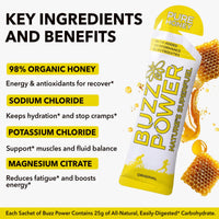 Buzz Power Honey Energy Gels for Running with 25g Carbohydrate (10 Pack) - Natural Running Gels with Performance Electrolytes, Glucose & Fructose for Endurance Athletes and Outdoor Activities