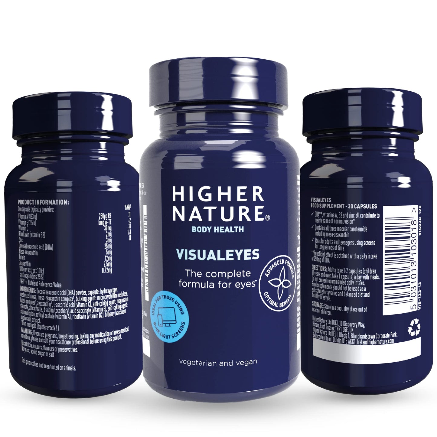 Higher Nature - VisualEyes - Supports Vision - Lutein, Zeaxanthin, Bilberry & Essential Vitamins - 10 Active Ingredients - Vegan - 30 Capsules