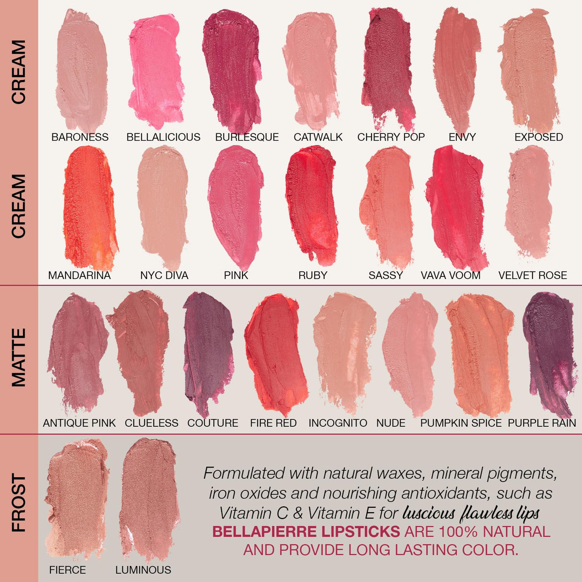 bellapierre Mineral Lipstick | Richly Pigmented 100% Natural Formula | Non-Toxic & Paraben Free | Long Lasting Color – Envy