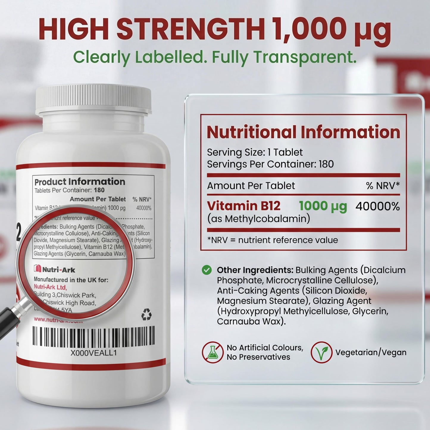 Vegan Vitamin B12 Methylcobalamin 1000mcg 180 Tablets (6 Months Supply) Made in the UK by Nutri-Ark