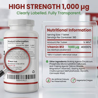 Vegan Vitamin B12 Methylcobalamin 1000mcg 180 Tablets (6 Months Supply) Made in the UK by Nutri-Ark