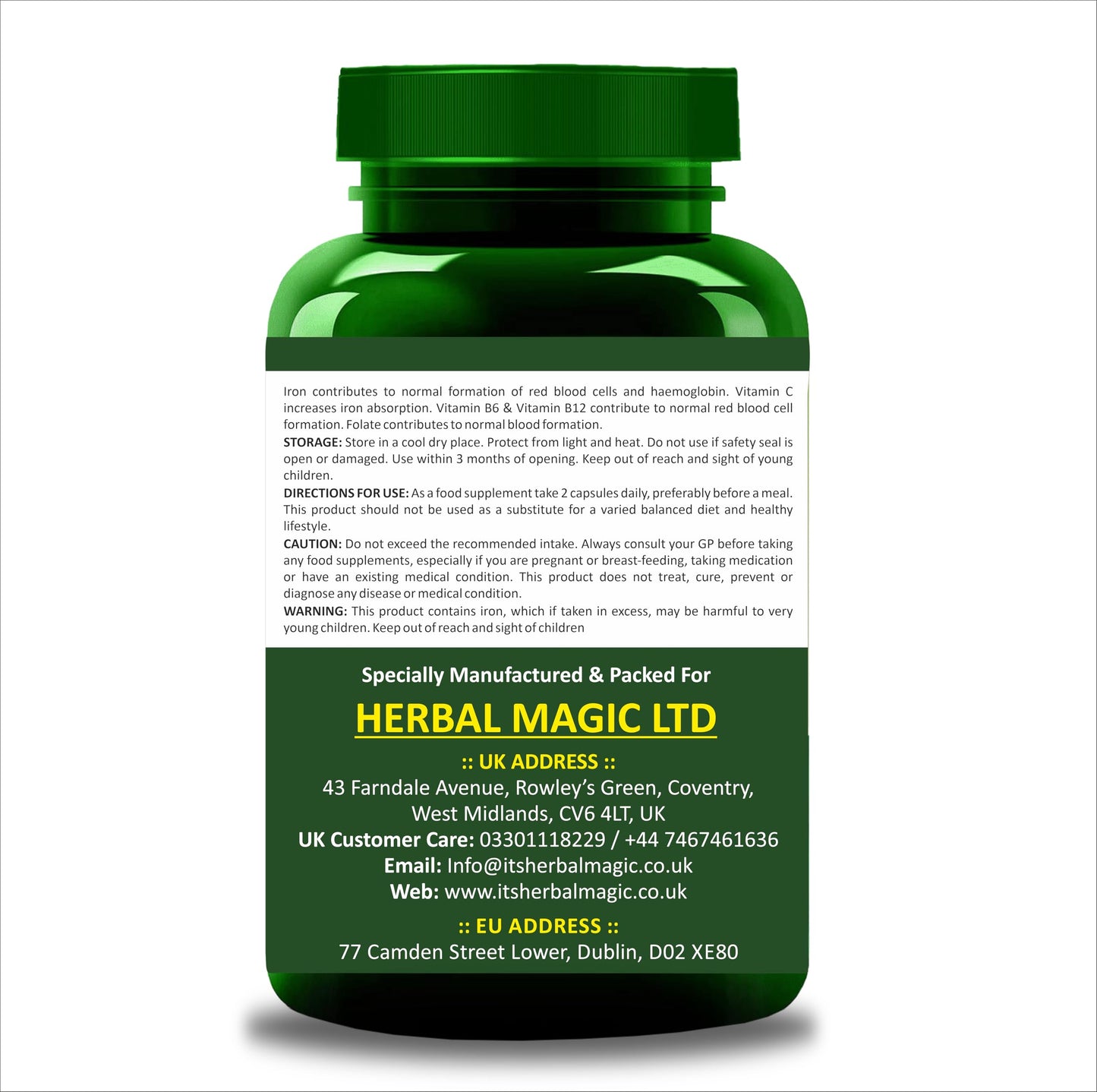 Herbal Magic Iron with Vitamin C, B6 & B12 – 60 Capsules, Vegan Food Supplement for Energy & Wellness, Non-GMO